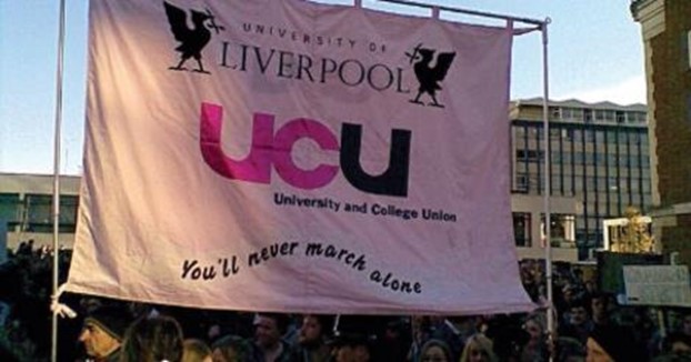 UCU Liverpool banner with slogan "You'll never march alone"